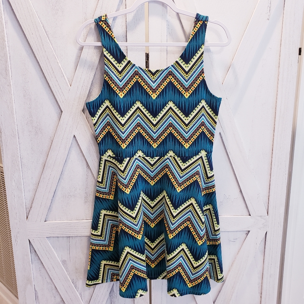 Teal Zigzag Print Sleeveless Fit & Flare Dress